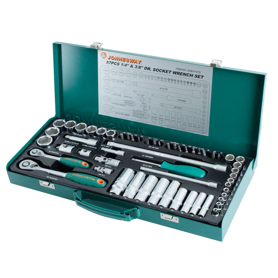 JUEGO DADOS ENC 1/4 Y 3/8  57PZ PUNTAS Y DADOS 4-24 MM JONNESWAY S04H3157S