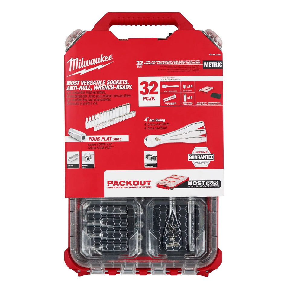 JUEGO DADOS ENC 3/8 32 PZ METRICOS PACKOUT MILWAUKEE 48-22-9482