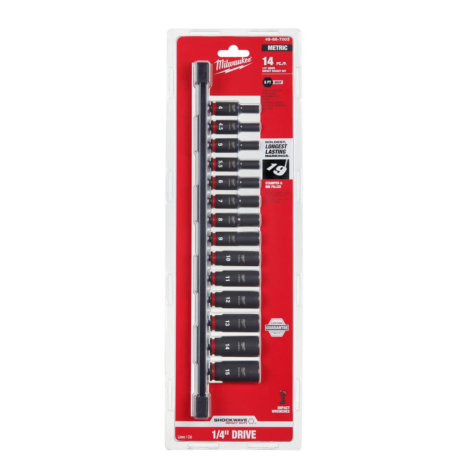 JUEGO DADOS ENC 1/4  14PZ LARGOS IMPACTO 4-15 MM MILWAUKEE 49-66-7003