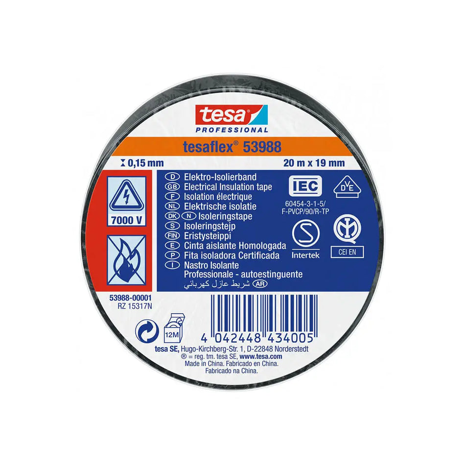 CINTA AISLANTE 19 MM X 20 MTS NEGRA TESA 53988