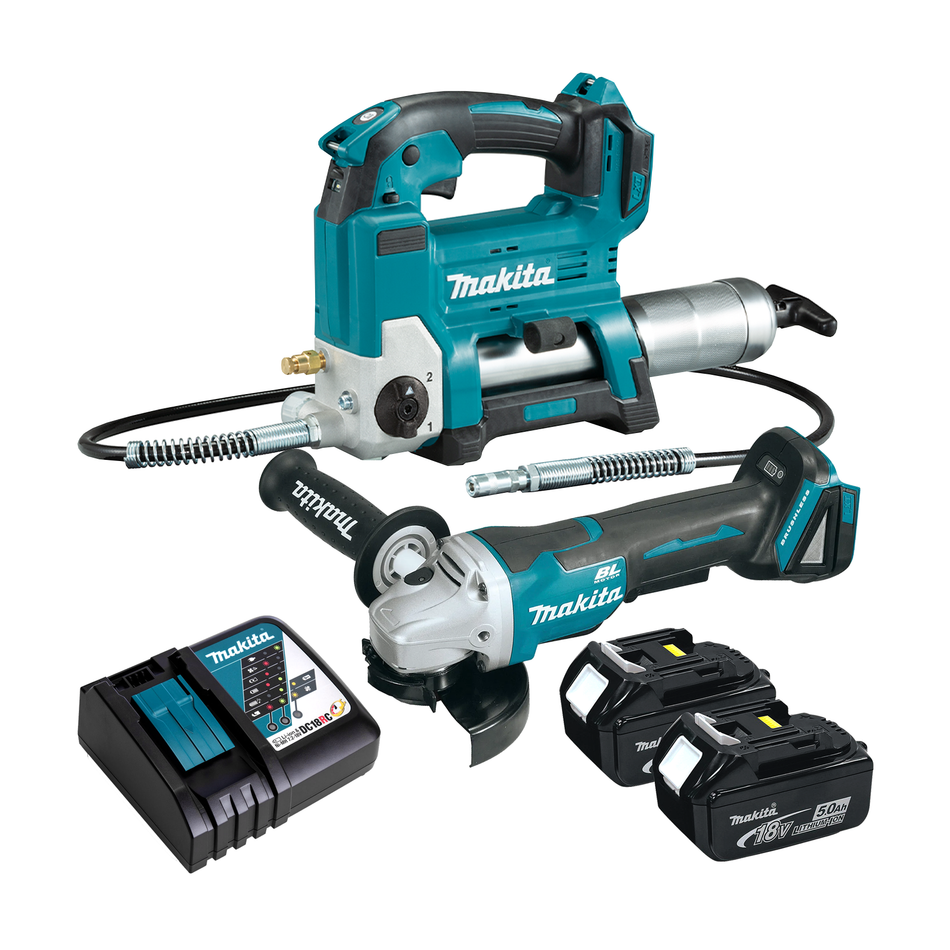 ESMERIL ANGULAR INAL 4.1/2 + LLAVE IMPACTO + ENGRASADOR MAKITA DGA458RTE-2