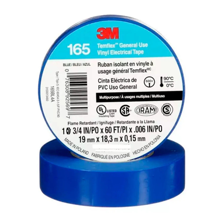 CINTA AISLANTE 19 MM X 18 MTS AZUL TEMFLEX 165 3M