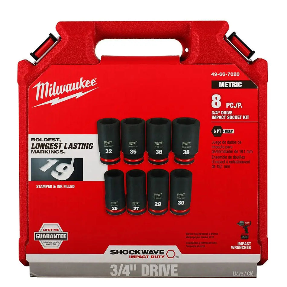 JUEGO DADOS ENC 3/4  8PZ LARGOS IMPACTO 26-38 MM MILWAUKEE 49-66-7020
